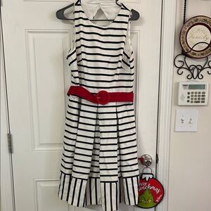 Eliza J Black and White Striped Dress with Red Belt